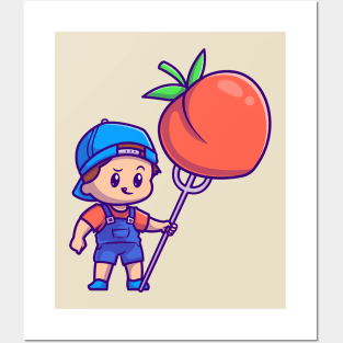 Cute Boy With Peach Fruit Cartoon Posters and Art